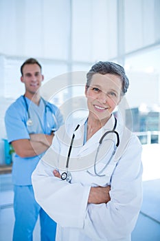 Smiling colleagues doctors looking at the camera