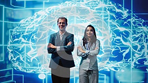 Smiling colleagues working with AI machine learning algorithms