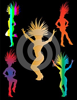 Smiling colorful Brazil carnival dancer vector silhouette isolated on black background. Rio De Janeiro carnival entertainment.