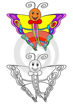 Smiling colorful butterfly as a coloring book for children