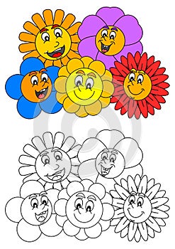 Smiling colorful flowers such as coloring books for little kids