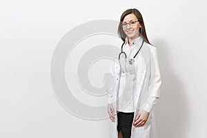 Smiling confident beautiful young doctor woman with stethoscope, glasses isolated on white background. Female doctor in medical