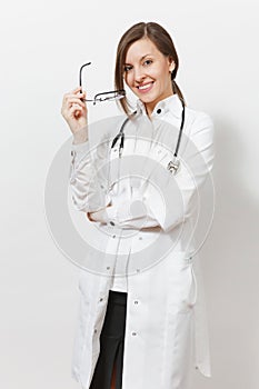 Smiling confident experienced beautiful young doctor woman with stethoscope, glasses isolated on white background