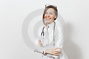 Smiling confident pretty young doctor woman with stethoscope, glasses isolated on white background. Female doctor in