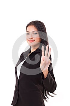 Smiling, confident, successful business woman executive showing 3 fingers