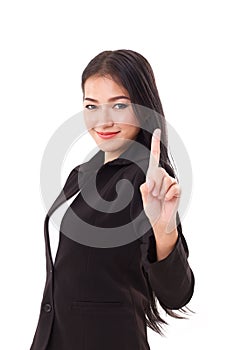 Smiling, confident, successful business woman executive showing no.1 hand gesture