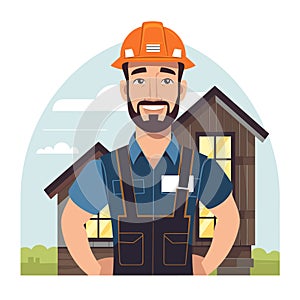 Smiling construction worker stands confidently, safety helmet on, house backdrop photo