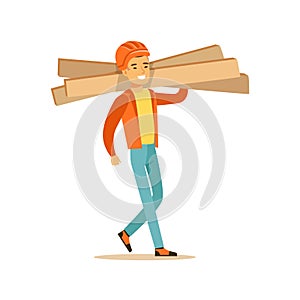 Smiling construction worker wearing orange safety helmet and work clothes carring planks, colorful character vector