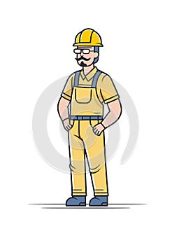 Smiling construction worker in yellow uniform standing confidently. Male builder with hard hat and overalls against