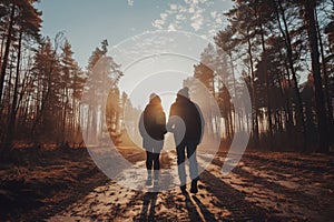 Smiling couple of adults enjoying a morning run in the sunshine forest with cinematic preset photo