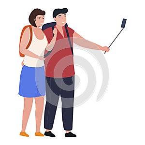 Smiling couple with backpacks taking photo smartphone selfie stick vector flat illustration