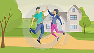 Smiling couple and country house flat vector illustration. Bargain, good buy, joyfulness, positive emotions. Happy