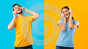 Smiling couple enjoying music with headpset and dancing