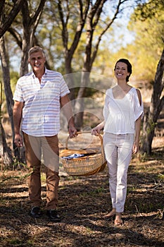 Smiling couple holding a wicker basket during safari vacation