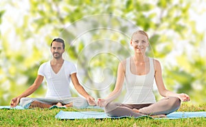 Smiling couple making yoga exercises outdoors