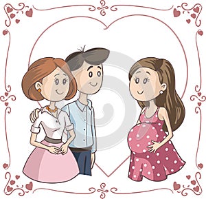 Smiling Couple Next to Surrogate Mother Vector Illustration