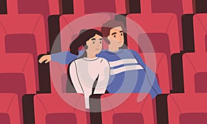 Smiling couple sitting on chair at movie theater vector flat illustration. Happy man and woman hugging during watching