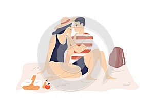 Smiling couple in swimsuit sit on plaid have romance date outdoors vector flat illustration. Happy cartoon man and woman