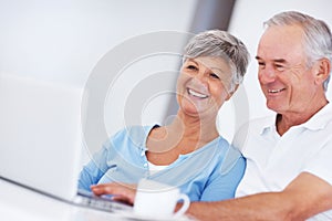 Smiling couple using laptop at home. Smiling mature woman and man using laptop at home.