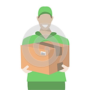 A smiling courier in a green uniform with a package in his hands. A young delivery man with a cardboard box. Isolated on a white b