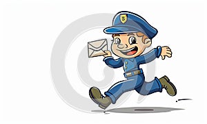 Smiling courier running to deliver parcel on orange background, space for text