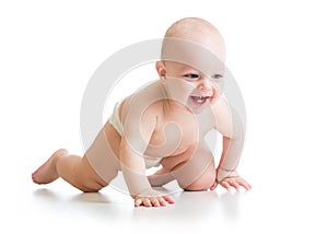 Smiling crawling baby isolated on white background