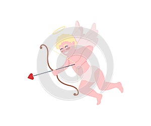 Smiling cupid with bow and arrows flat color vector detailed character