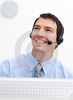 Smiling customer service agent with headset on