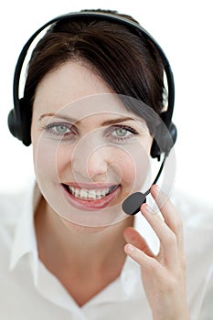 Smiling customer service agent with headset on