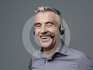 Smiling customer support phone operator