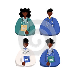 Smiling cute cartoon african american woman and man doctor, nurse clinic employee, standing isolated on white background.