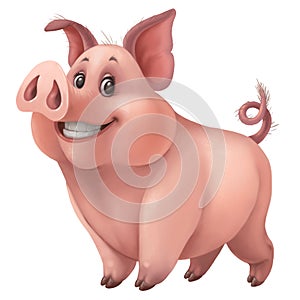 Smiling cute cartoon pig. Digital illustration.