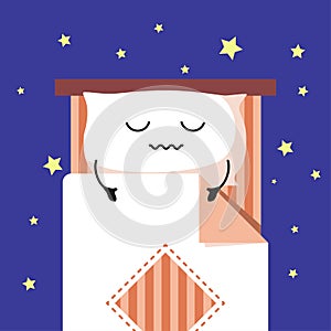 Smiling Cute Cartoon sleeping Pillow on stripped bed, Habituate kid card or poster.