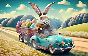 Smiling cute and cool cartoon style Easter bunny racing in retro car for Easter. Happy Easter Poster and template with