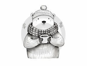 Smiling cute funny polar bear with cup monochrome illustration on white