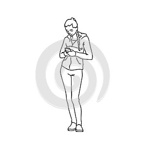 Smiling cute girl with phone. Side view. Monochrome vector illustration of sporty young woman looking in her smartphone