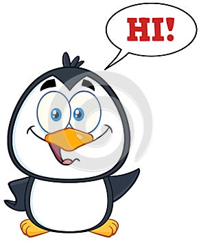 Smiling Cute Penguin Cartoon Character Waving With Speech Bubble And Text