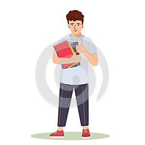 Smiling cute school boy with books ready to go to school. Happy boy showing thumb up, cool, leaves a positive feedback