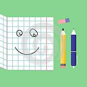 Smiling Cute School supplies used in math class, geometry or science for homework, Habituate kid card or poster.