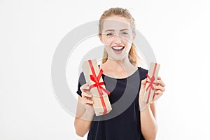 Smiling cute woman holding stack of gift boxes isolated on white background. Holiday concept. Mock up, template.Copy space