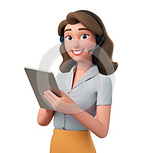 Smiling 3d customer service agent with headset using a digital tablet for support