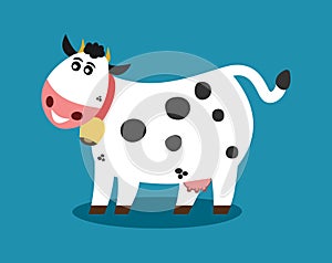 Smiling dairy cow in profile with bell on blue background - vector