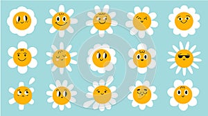 Smiling daisy character set, Camomile doodle background, funny face, flower head without stem