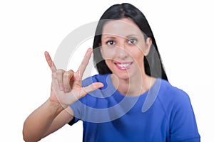 Smiling deaf woman using sign language