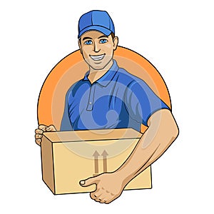 Smiling delivery man in blue uniform with box in hands on white background.
