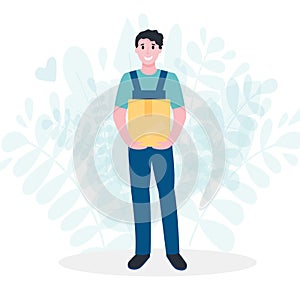 Smiling delivery man with cardboard box. Concept of delivery of online shopping. Courier with parcel. Vector flat