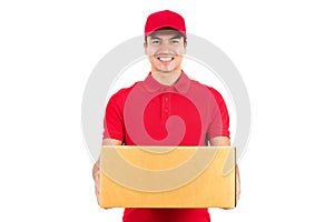 Smiling delivery man carrying a parcel box