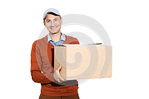 Smiling delivery man giving card box on white background