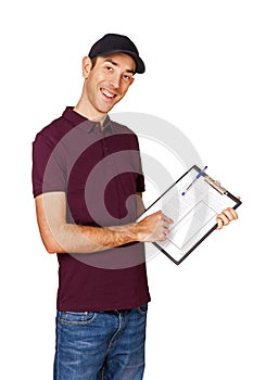 Smiling delivery man holding clipboard on white background