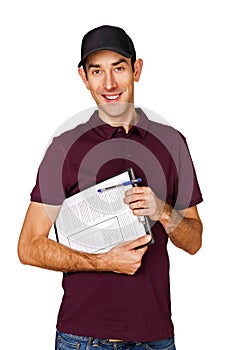 Smiling delivery man holding clipboard on white background